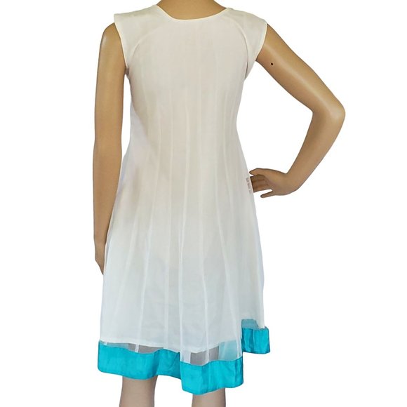 White Beaded A Line Sun Dress Women's XS Sleeveless Teal Trim Lined Netted - Picture 7 of 12